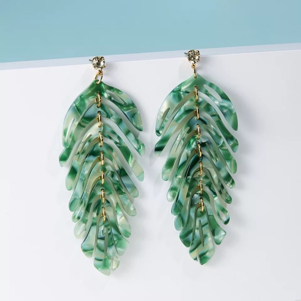 Tropical Leaf Green Tortoise Shell CZ Stone Drop Dangle Earrings - Picture 1 of 6